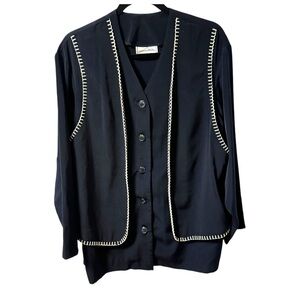 Lindor Vintage Button Up Long Sleeve Shirt with Vest Womens  XL Navy Blue White